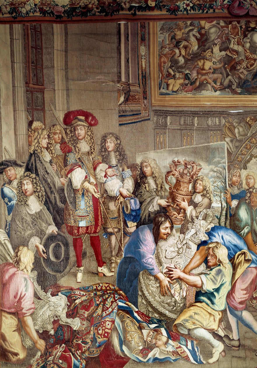 Besøk av Ludvig XIV til Manufacture des Gobelins i nærvær av Jean Baptiste (Jean-Baptiste) Colbert (1619-1683) (i profil, til høyre for kongen) og maleren Charles Lebrun (Le Brun) (1619-1690) ), 15. oktober av Etienne (studio of) Le Blond