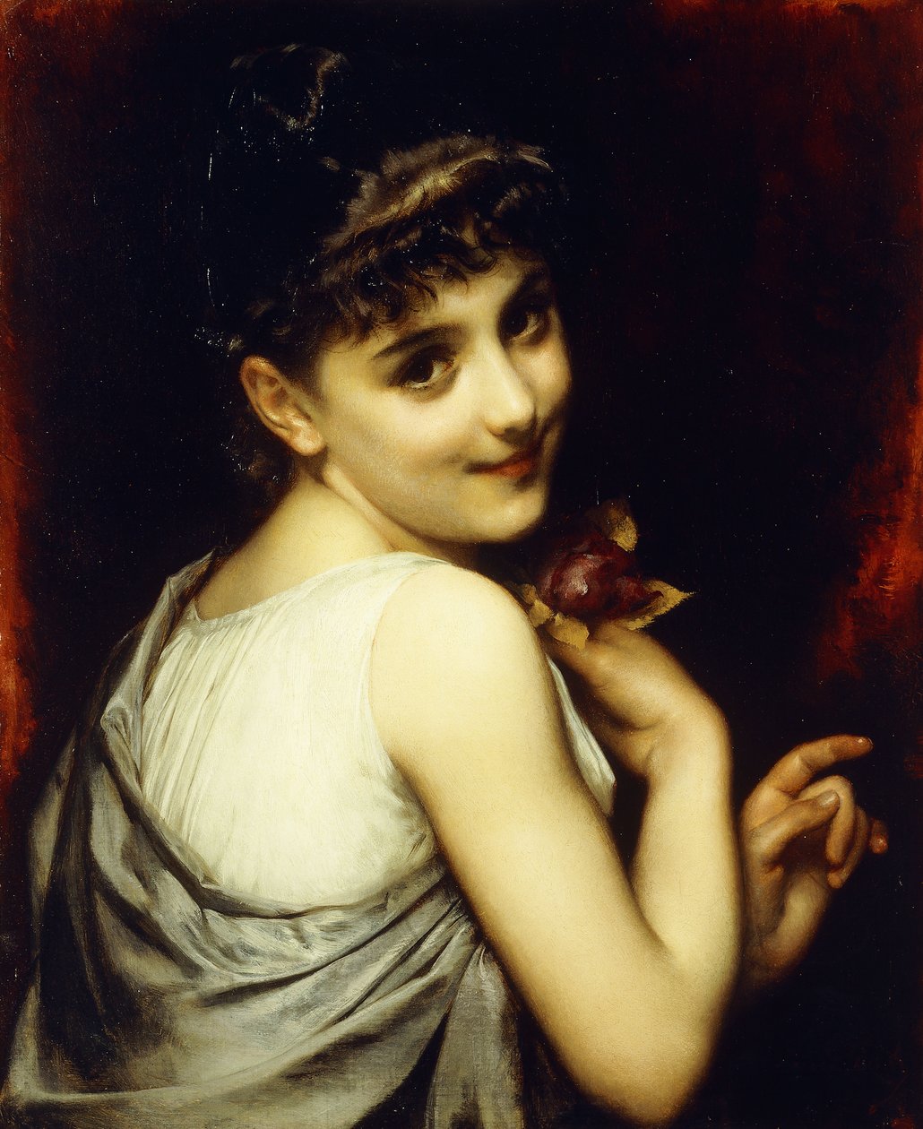 En ung skjønnhet som holder en rød rose, av Etienne Adolphe Piot