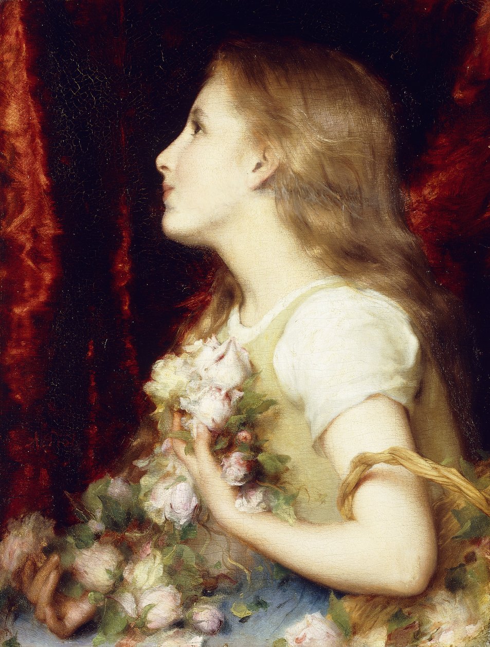 En ung jente med en kurv med blomster, av Etienne Adolphe Piot
