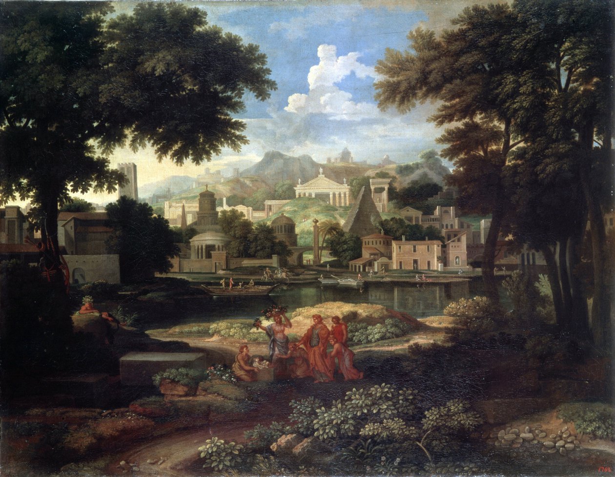 ""Landskap med Moses reddet fra Nilens vann"" (Landskap med Moses reddet fra Nilen) Maleri av Etienne Allegrain (1653-1736) Eremitagemuseet, St. Petersburg. av Etienne Allegrain