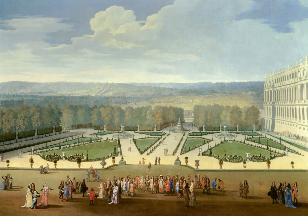 Promenade de Louis XIV (1638-1715) med utsikt over den nordlige parterren i hagene til Versailles Maleri av Etienne Allegrain (1644-1736) 1688 ca. Sol. 2,3x2,9 m av Etienne Allegrain