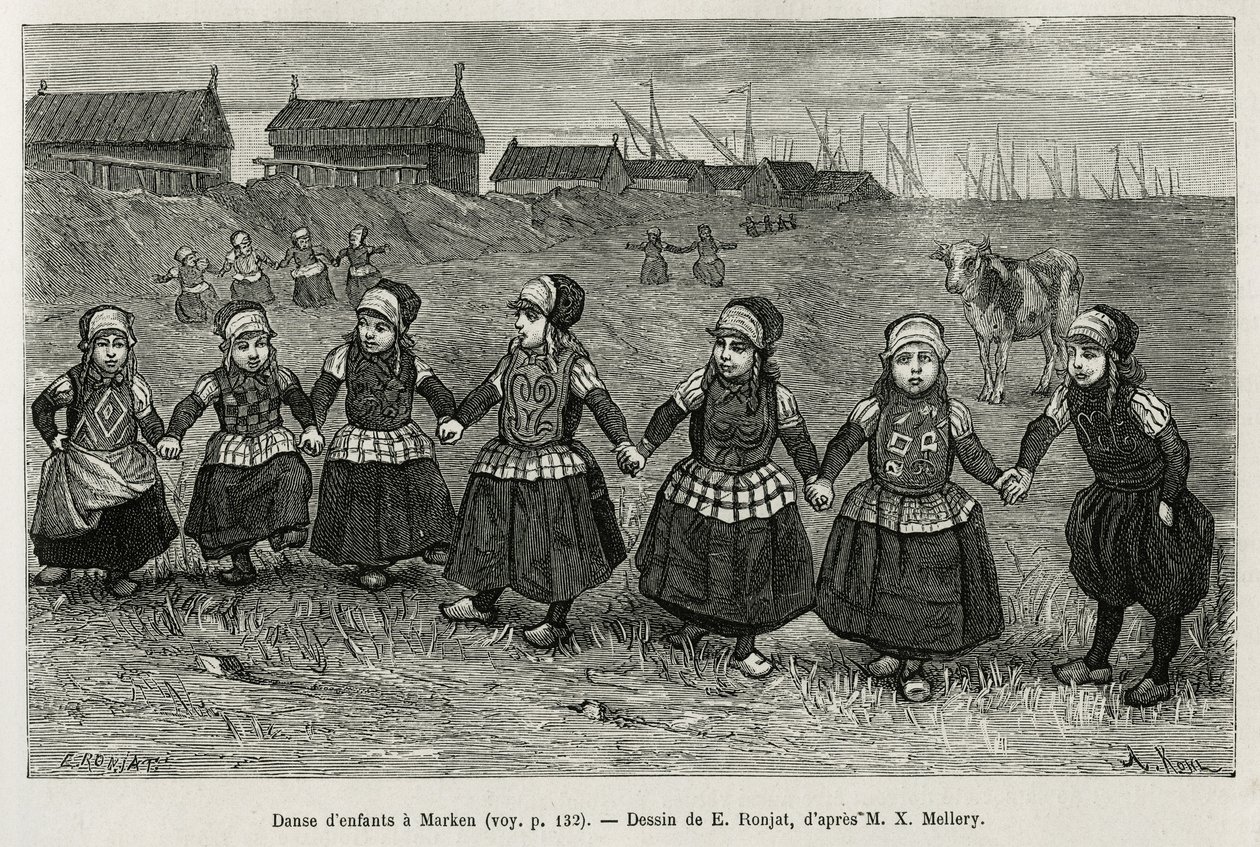 Barnedanser i Marken (Nederland), gravering etter en tegning av E. Ronjat, for å illustrere historien om Neerlande, av Charles de Coster, i 1878, utgitt i tour du monde, under ledelse av Edouard Charton av Etienne Antoine Eugene Ronjat