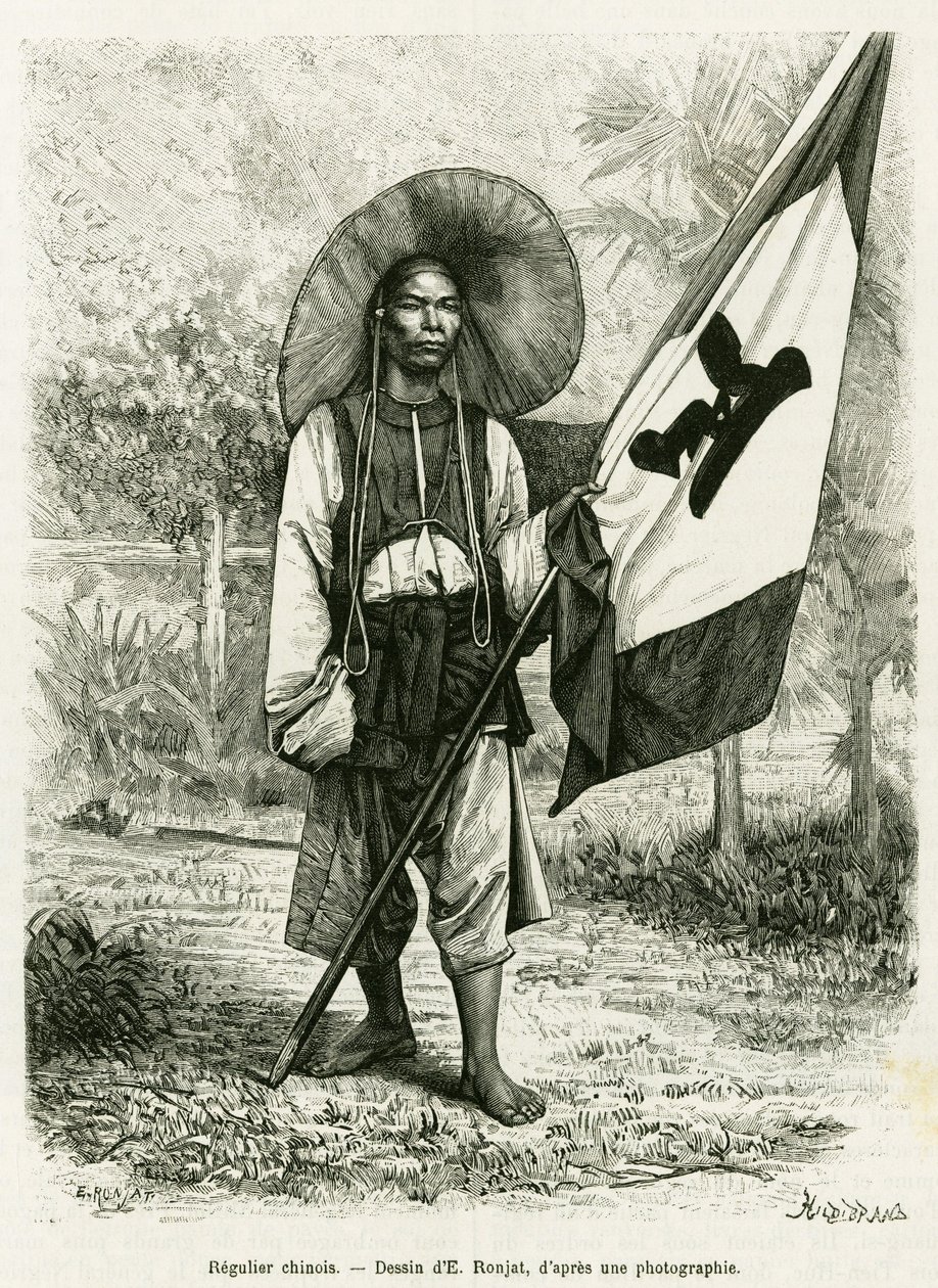kinesisk styre. Gravering av E.Ronjat, etter et fotografi, for å illustrere historien Trente mois au Tonkin i 1884, av Doctor Hocquard, i le tour du monde 1889, regissert av Edouard Charton (1807-1890), Hachette, Paris. av Etienne Antoine Eugene Ronjat