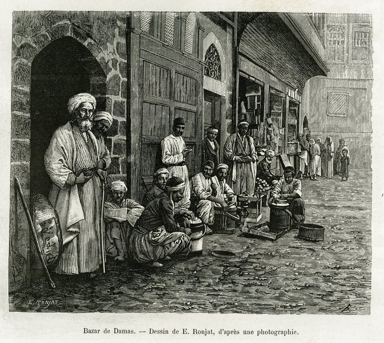 Damaskus basar. Gravering av E.Ronjat, for å illustrere historien La Syria d