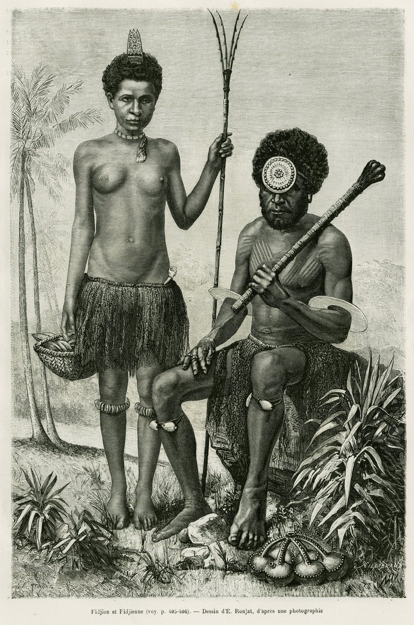 Fijisk par. Gravering av E.Ronjat for å illustrere historien Promenades en Oceanie, av Aylic Marin, i le tour du monde 1887, regissert av Edouard Charton (1807-1890), Hachette, Paris. av Etienne Antoine Eugene Ronjat