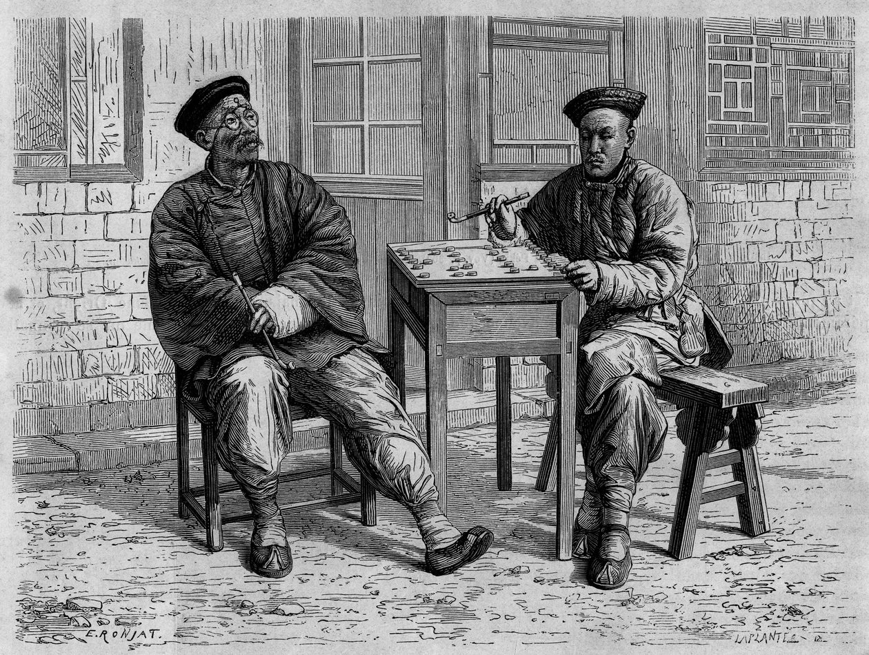 Gå spillere i gatene i Pekin (Beijing) på 1800-tallet. Gravering etter en tegning av Ronjat, etter et fotografi av doktor Morache, i "Le Tour du Monde, Nouveau journal des Voyages", redigert av Edouard Charton, Paris av Etienne Antoine Eugene Ronjat