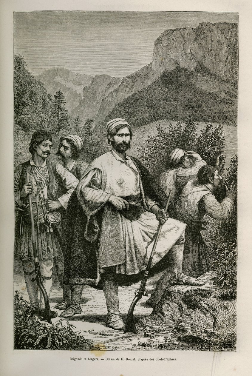 Greske røvere og hyrder, medskyldige i fjellene, tegning av E.Ronjat, for å illustrere historien om Henri Belle: Reisen til Hellas av Etienne Antoine Eugene Ronjat
