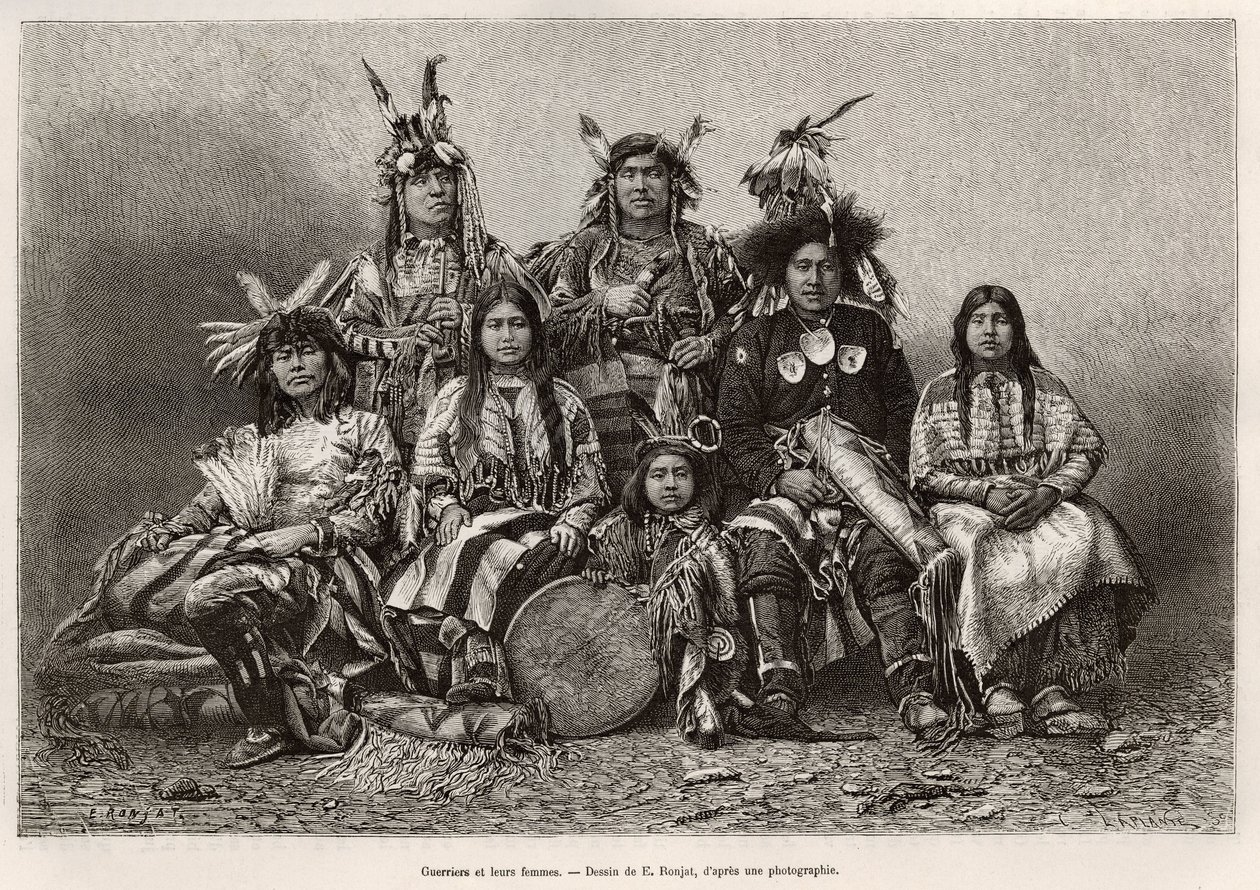 Indiske krigere og deres koner (Texas). Gravering etter tegningen av E.Ronjat, for å illustrere historien La conquete blanche, av William Hepworth Dixon, i 1875, publisert i "" Le tour du monde""" 1876, redigert av Edouard Charton, av Etienne Antoine Eugene Ronjat