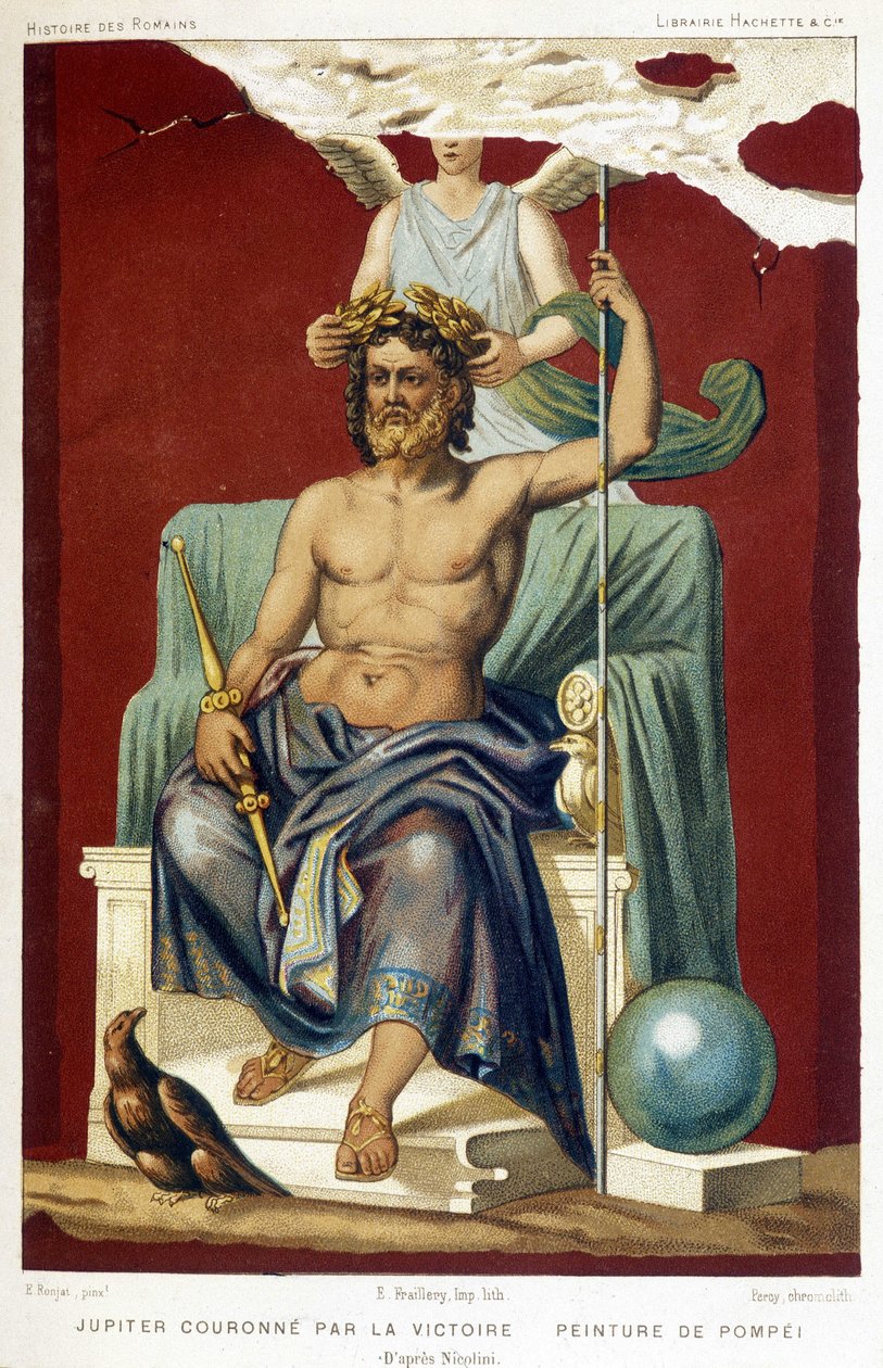Jupiter (Zeus) kronet av Victory - ifølge en freske av Pompeii reist av Nicolini. av Etienne Antoine Eugene Ronjat