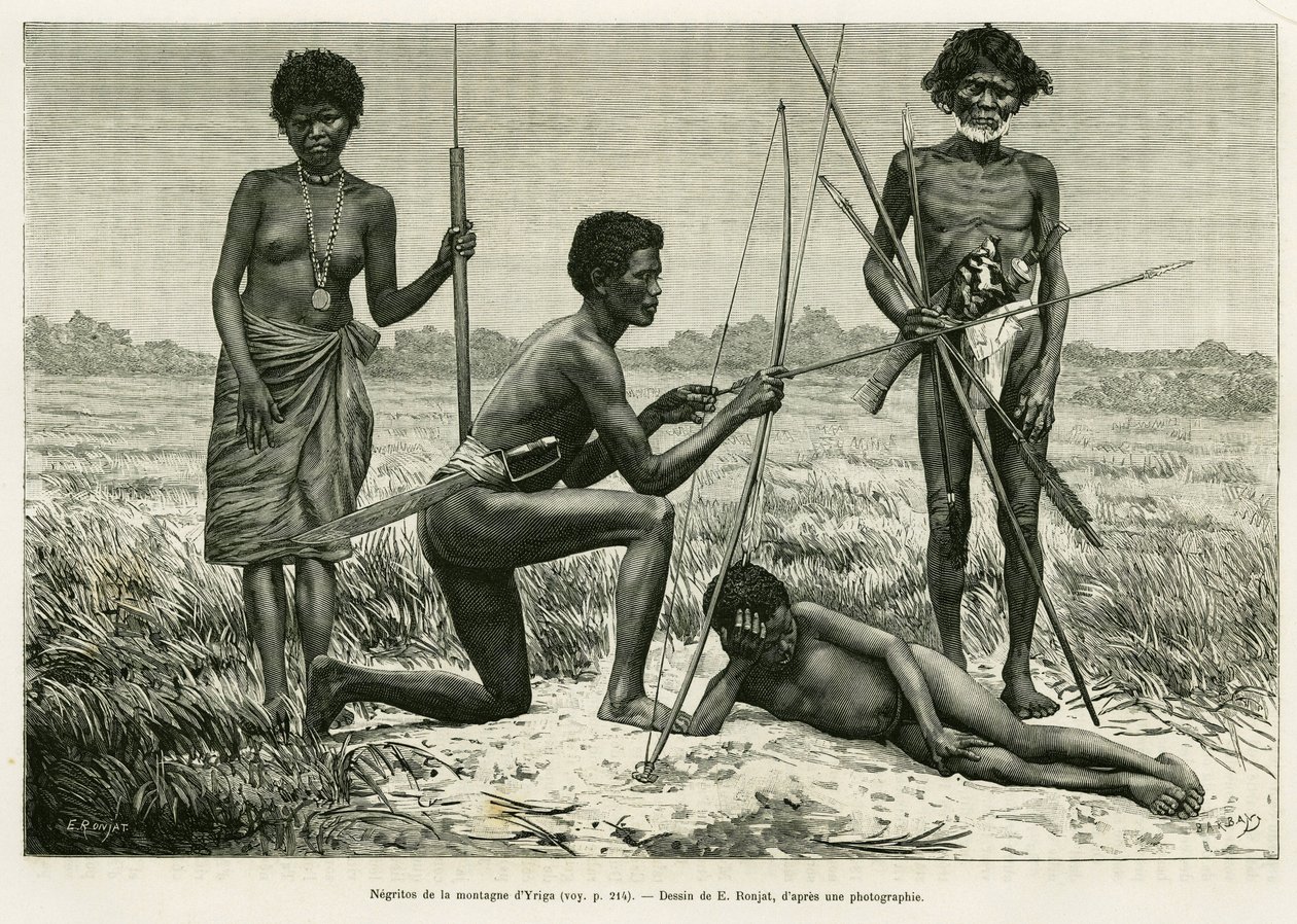 Negritos fra Yriga-fjellet. Gravering av E.Ronjat for å illustrere historien Lucon og Palaouan, seks år på Filippinene, av Alfred Marche (1844-1898), i le tour du monde 1886, regissert av Edouard Charton (1807-1890), Hachette, Paris. av Etienne Antoine Eugene Ronjat