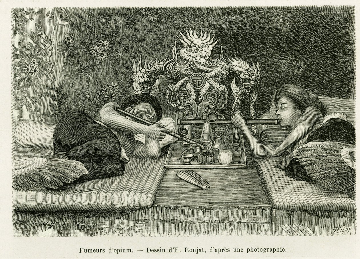 Opium røykere. Gravering av E.Ronjat, etter et fotografi, for å illustrere historien Trente mois au Tonkin i 1884, av Doctor Hocquard, i le tour du monde 1889, regissert av Edouard Charton (1807-1890), Hachette, Paris. av Etienne Antoine Eugene Ronjat