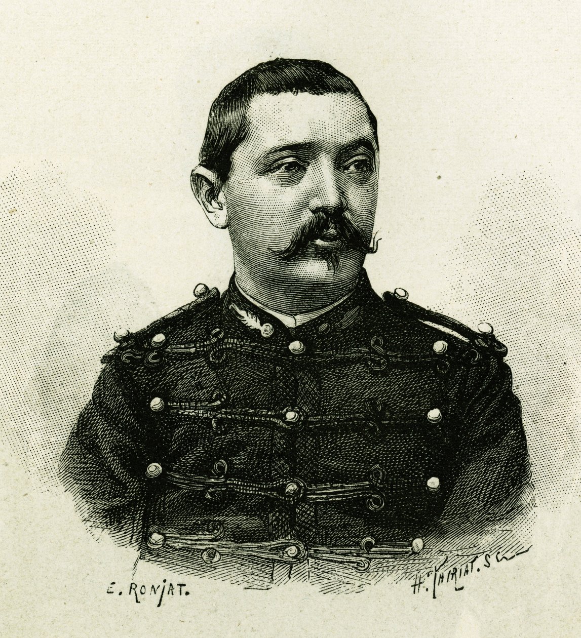 Portrett av kaptein Pietri, av marineartilleriet, under ekspedisjonen til Afrika 1879-1882, under kommando av Gallieni. Gravering av E. Ronjat, fra et fotografi, for å illustrere historien "Exploration du Haut Niger (Haut Niger)" (dagens Mali) av av Etienne Antoine Eugene Ronjat