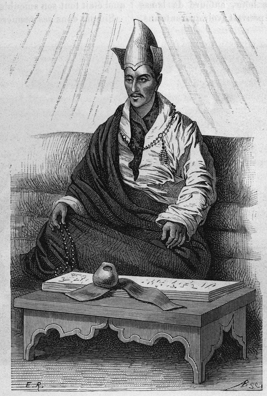 Portrett av "" Khutukcha", en yppersteprest i Tibet i årene 1870-1880. Gravering etter en tegning av Ronjat, i "" Le Tour du Monde, Nouveau journal des Voyages", redigert av Edouard Charton, Paris av Etienne Antoine Eugene Ronjat