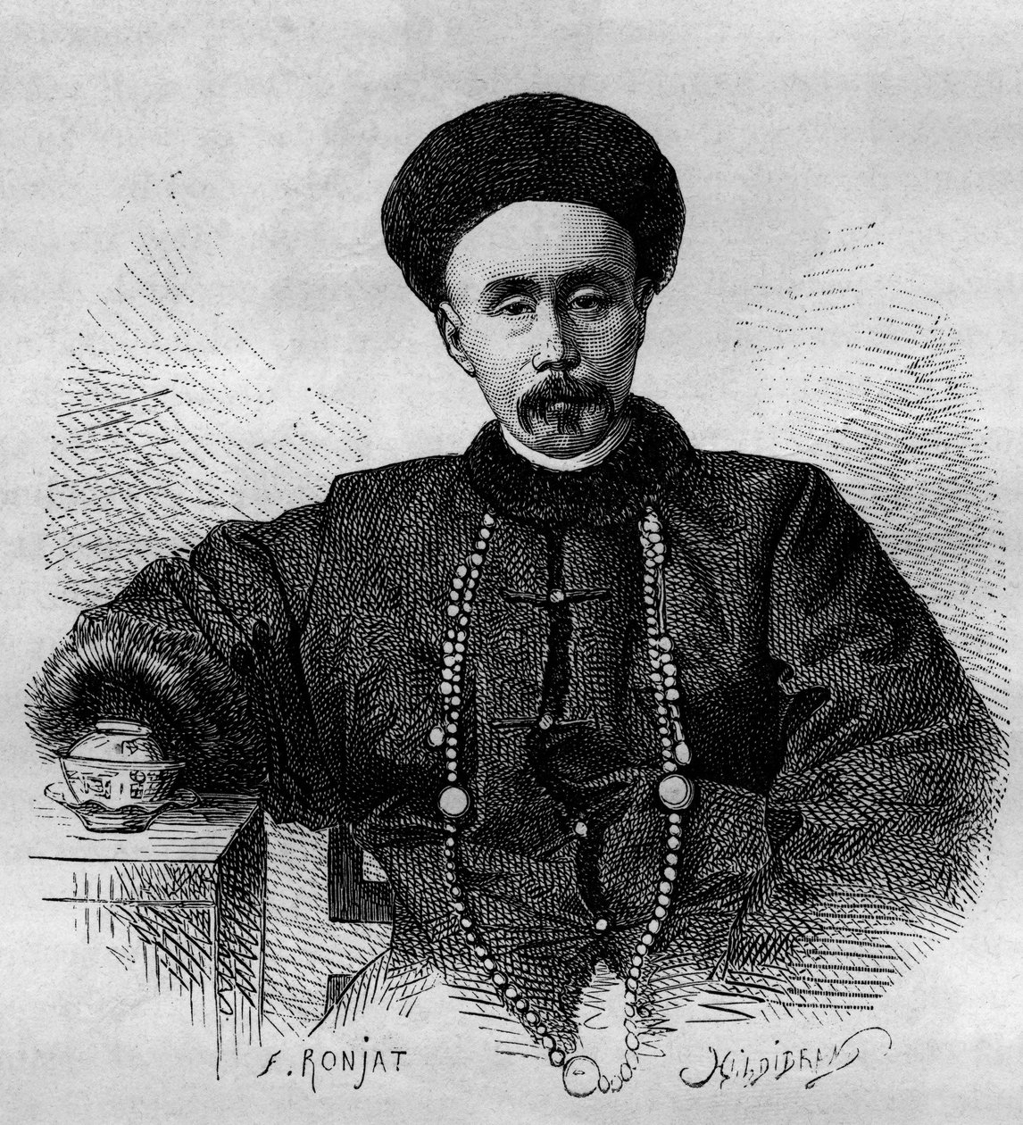 Portrett av Li Hongzhang (1832-1901), kinesisk general og visekonge (visekonge) av Zhili fra 1871 til 1895 og fra 1900 til 1901. Gravering fra en tegning av Ronjat, fra et fotografi av Thomson, i "" Le Tour du Monde, Nouveau journal des Voyages””, redigert av Etienne Antoine Eugene Ronjat