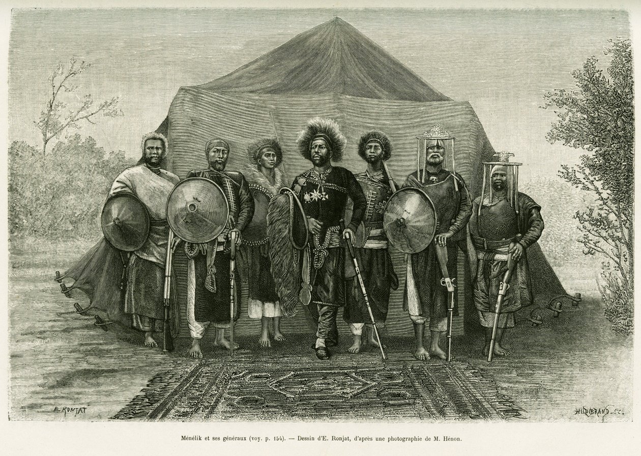 Portrett av prins Menelik II av Etiopia (1844-1913), omgitt av hans generaler. Gravering av Ronjat, etter et fotografi, for å illustrere historien Voyage au Choa (Abyssinie meridionale) av Etienne Antoine Eugene Ronjat