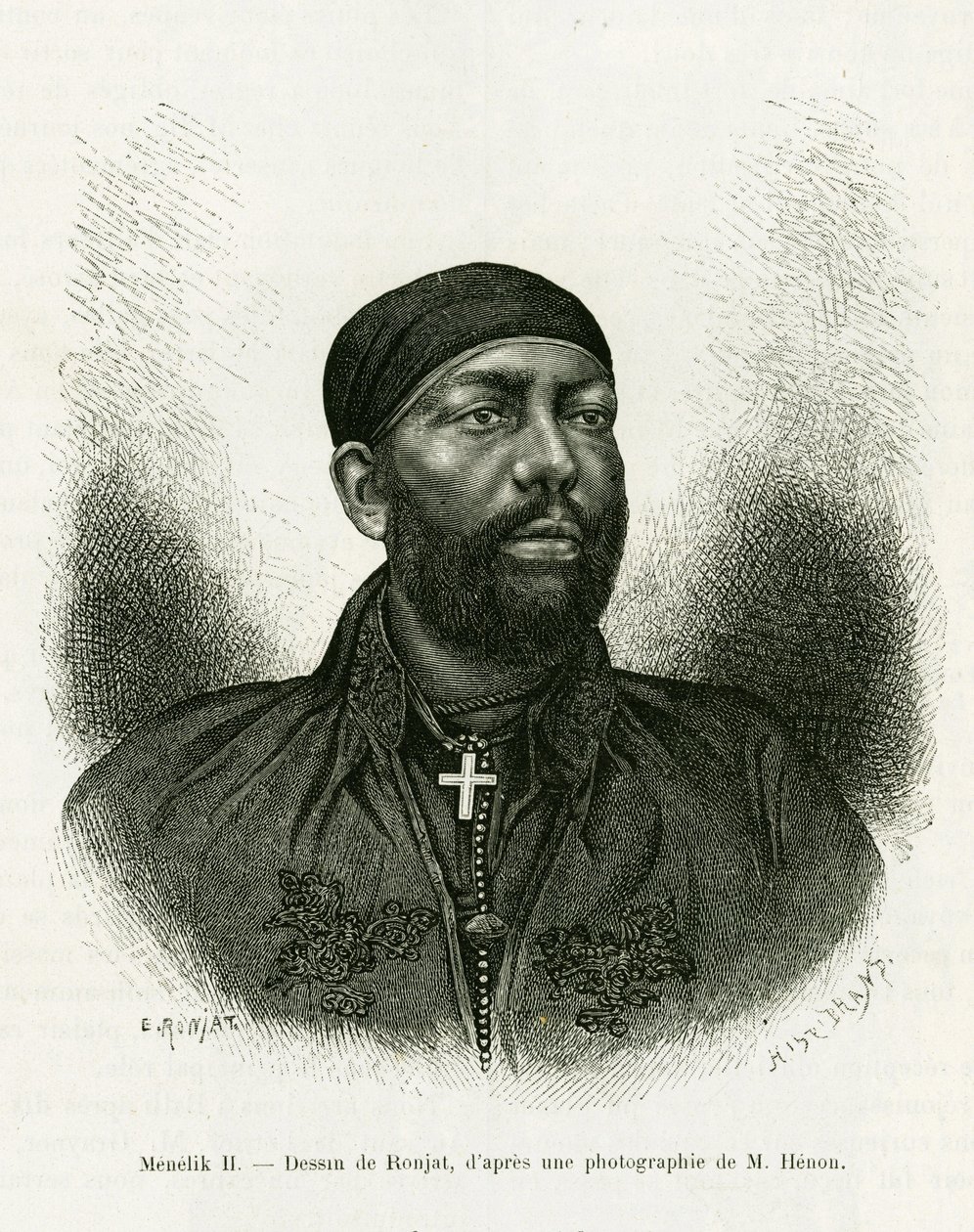 Portrett av prins Menelik II av Etiopia (1844-1913). Gravering av Ronjat, etter et fotografi, for å illustrere historien Voyage au Choa (Abyssinie meridionale) av Etienne Antoine Eugene Ronjat
