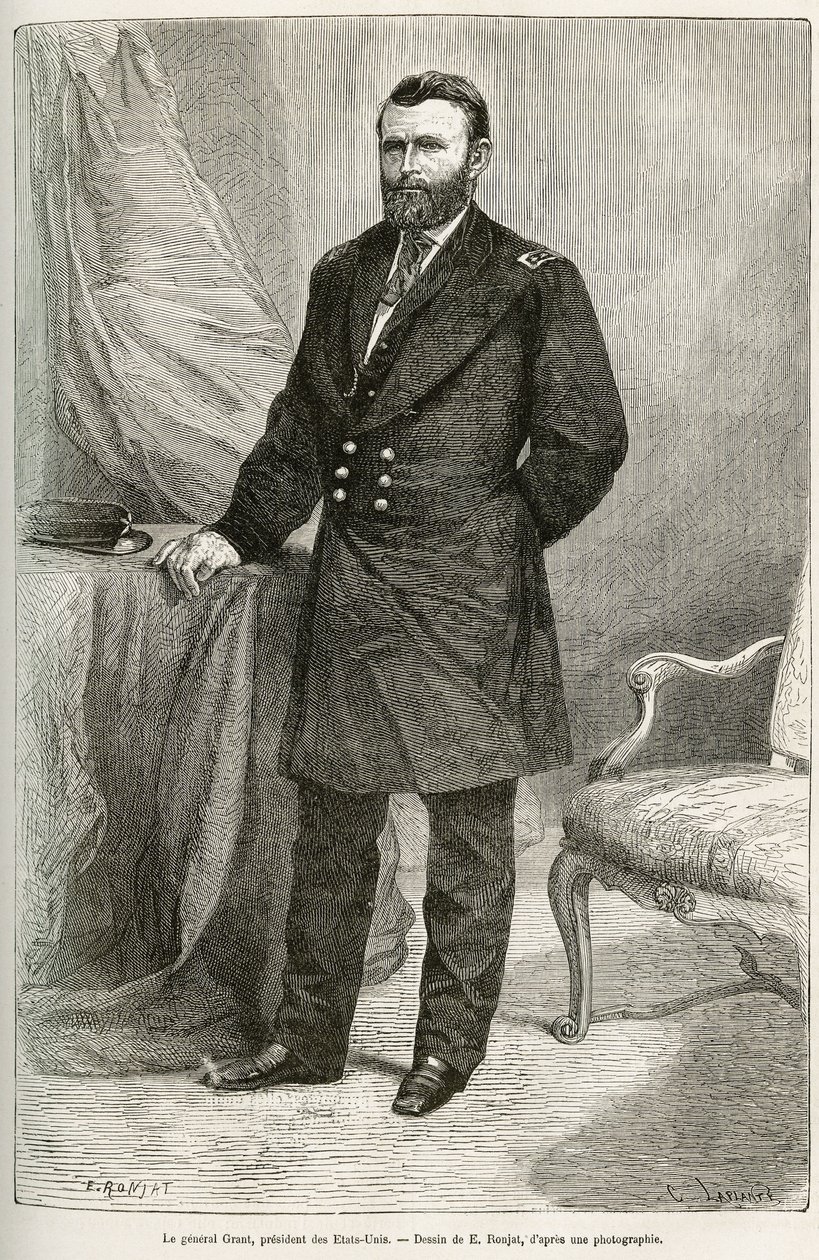 Portrett av Ulysses Grant (1822-1885), amerikansk general, leder for unionstropper under løsrivelseskrigen og 18. president i USA (USA) i to perioder fra 1869 til 1877. Gravering etter tegning av E.Ronjat, til illustrere sto av Etienne Antoine Eugene Ronjat