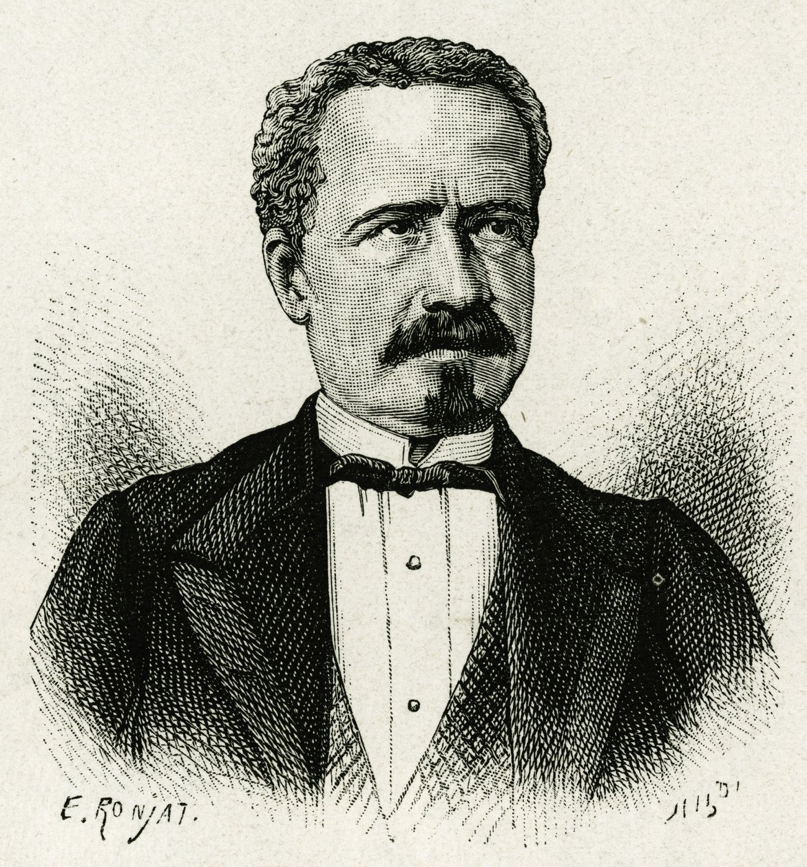 Portrett av presidenten i Ecuador fra 1875 til 1876, Don Antonio Borrero. Gravering av E.Ronjat, etter et fotografi, for å illustrere historien "The Equinoxiale America"" av Etienne Antoine Eugene Ronjat