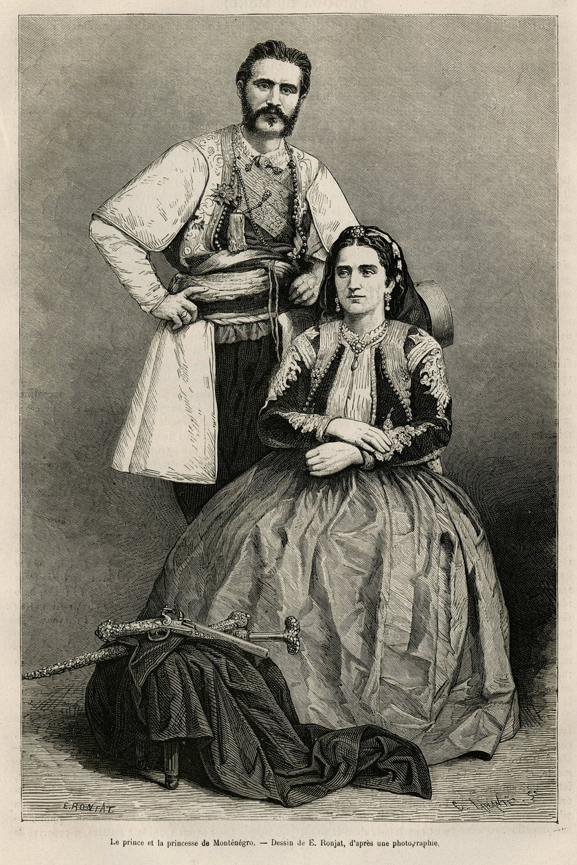 Portretter av prinsen av Montenegro Nicholas I Petrovicz Niegosch (1841-1921) og hans kone, Milena, født Voukovich (1847-1923), tegning av E.Ronjat, for å illustrere reisen til Montenegro, i 1874, av Charles Yriarte (1832) -1898). Gravering i Le tour du av Etienne Antoine Eugene Ronjat