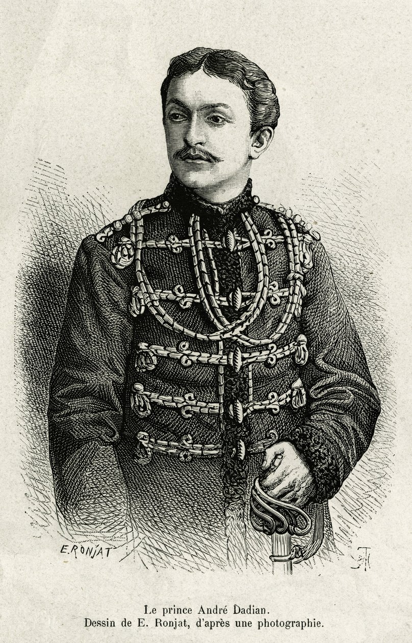 Prins Andre Dadian av Mingrelie (1850-1910), general for den russiske hæren og sjakkmester. Gravering av E.Ronjat, for å illustrere historien Un tour en Mingrelie (regionen i Georgia, som strekker seg mellom Kaukasus og Rion), av Carla Serena, i 1876-187 av Etienne Antoine Eugene Ronjat
