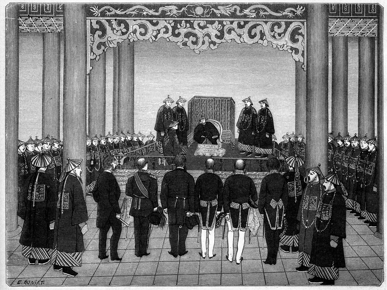 Mottakelse av et utenlandsk diplomatisk korps av keiseren av Kina, 29. juni av Etienne Antoine Eugene Ronjat