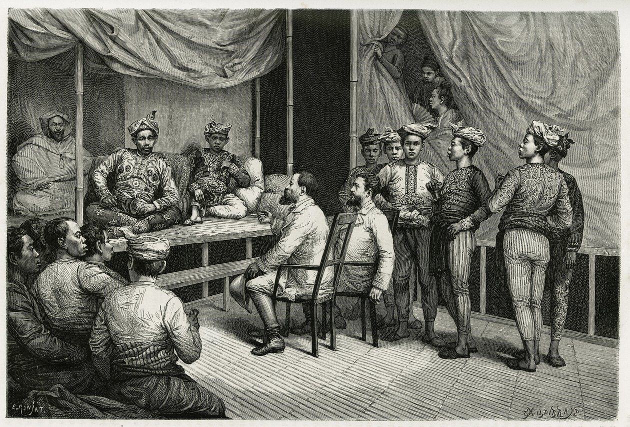 Mottak av reisende ved palasset til sultanen av Soulou (eller Sulu) (skjærgården på Filippinene), Mohammed Yamalul Alam. Gravering av E.Ronjat, for å illustrere historien "" Reisen til Filippinene"" av Etienne Antoine Eugene Ronjat