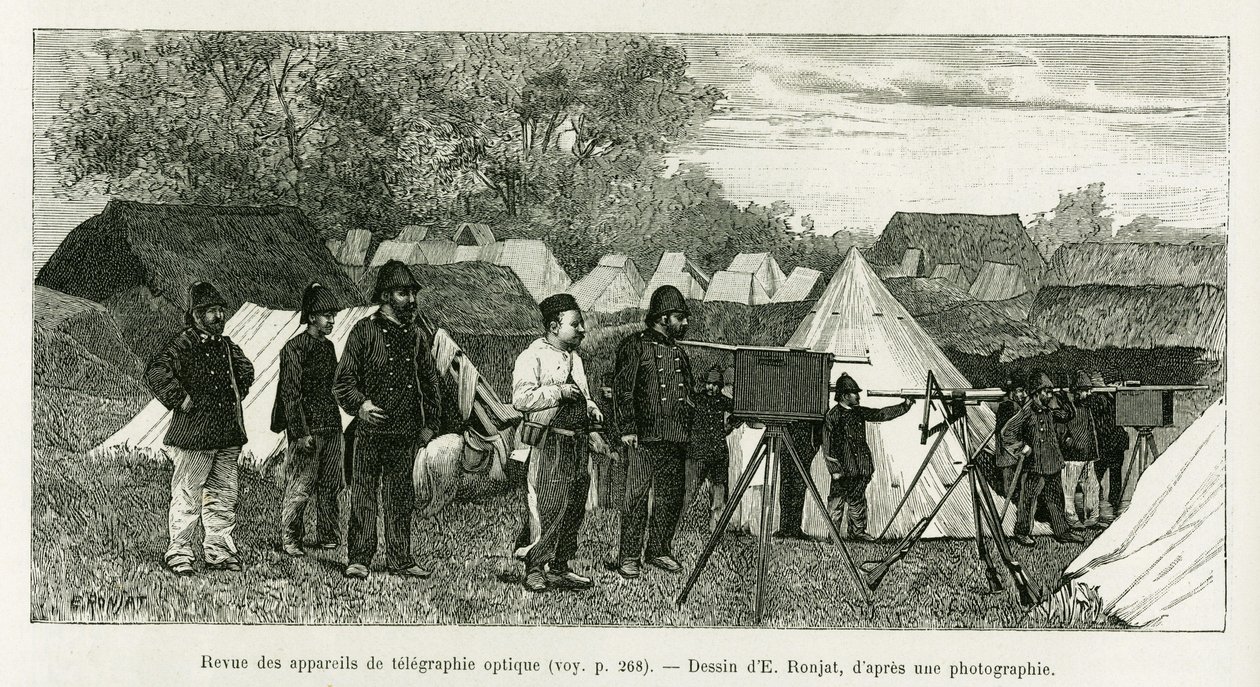 Gjennomgang av optisk telegrafiapparat. Gravering av E.Ronjat, for å illustrere historien Trente mois au Tonkin, i 1884, av legen Paul Hocquard, i le tour du monde 1890, under ledelse av Edouard Charton (1807-1890), Hachette, Paris. av Etienne Antoine Eugene Ronjat