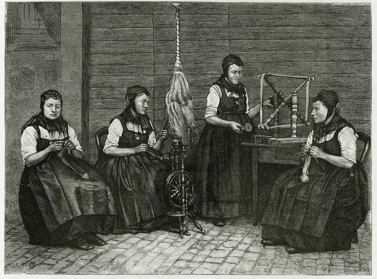 Sondernach spredere, beskrivelse av de ulike stadiene av spinning, hånd, spindel og spindel. Gravering av E.Ronjat, for å illustrere historien "Atravers l