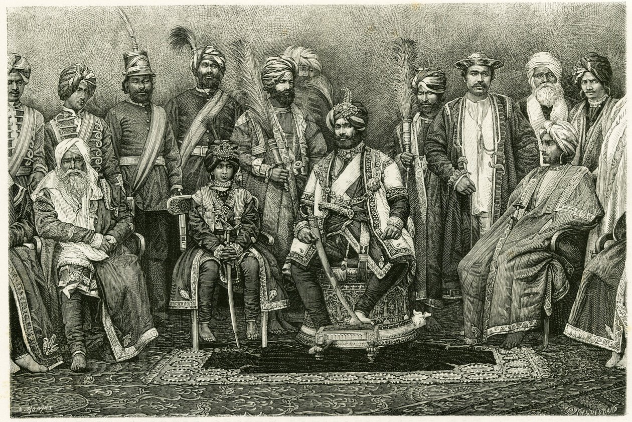 Kashmir maharajah, Rambhir Sing og hoffet hans. Gravering av E. Ronjat, for å illustrere historien "Portrett av en parisisk kvinne i det vestlige Himalaya", i 1881, av Marie de Ujfalvy-Bourdon (Ujfalvy Bourdon). Publisert i Tour du monde, 2. semester av Etienne Antoine Eugene Ronjat