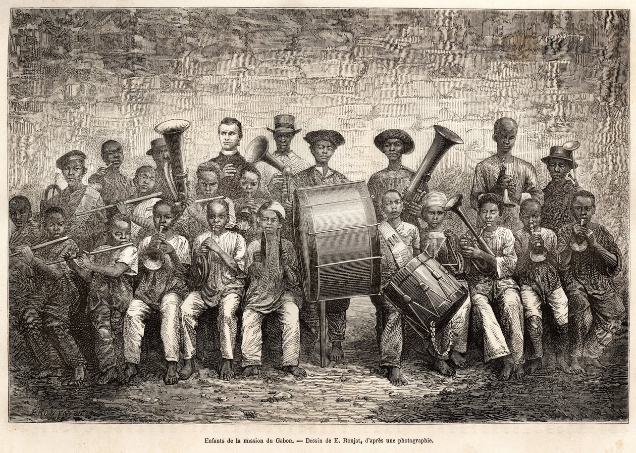 Bandet til barna i Gabon-oppdraget. Gravering etter tegningen av E.Ronjat, for å illustrere cruiset på kysten av Afrika, av viseadmiral Fleuriot de Langle, i 1868, publisert i "" Le tour du monde"" 1876, redigert av Edouard Charton, Hachet av Etienne Antoine Eugene Ronjat