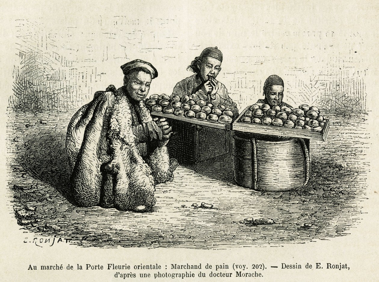 Brødhandleren, ved foten av den orientalske blomsterporten til det keiserlige palasset i Pekin, en aktuell scene i hverdagen. Gravering etter tegningen av E.Ronjat, for å illustrere reisen til Pekin og Nord-Kina, av T.Choutze, i 1873, publisert i av Etienne Antoine Eugene Ronjat
