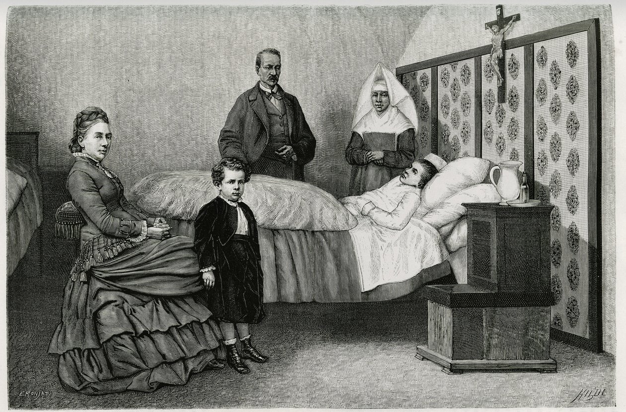 Legekonsultasjonen på Logelbach hospits. Gravering av E.Ronjat, for å illustrere historien "Gjennom Alsace og Lorraine", i 1884, av Charles Grad (1842-1890), tysk deputert, forfatter og naturforsker. Publisert i Le Tour du monde, nouveau journal d av Etienne Antoine Eugene Ronjat