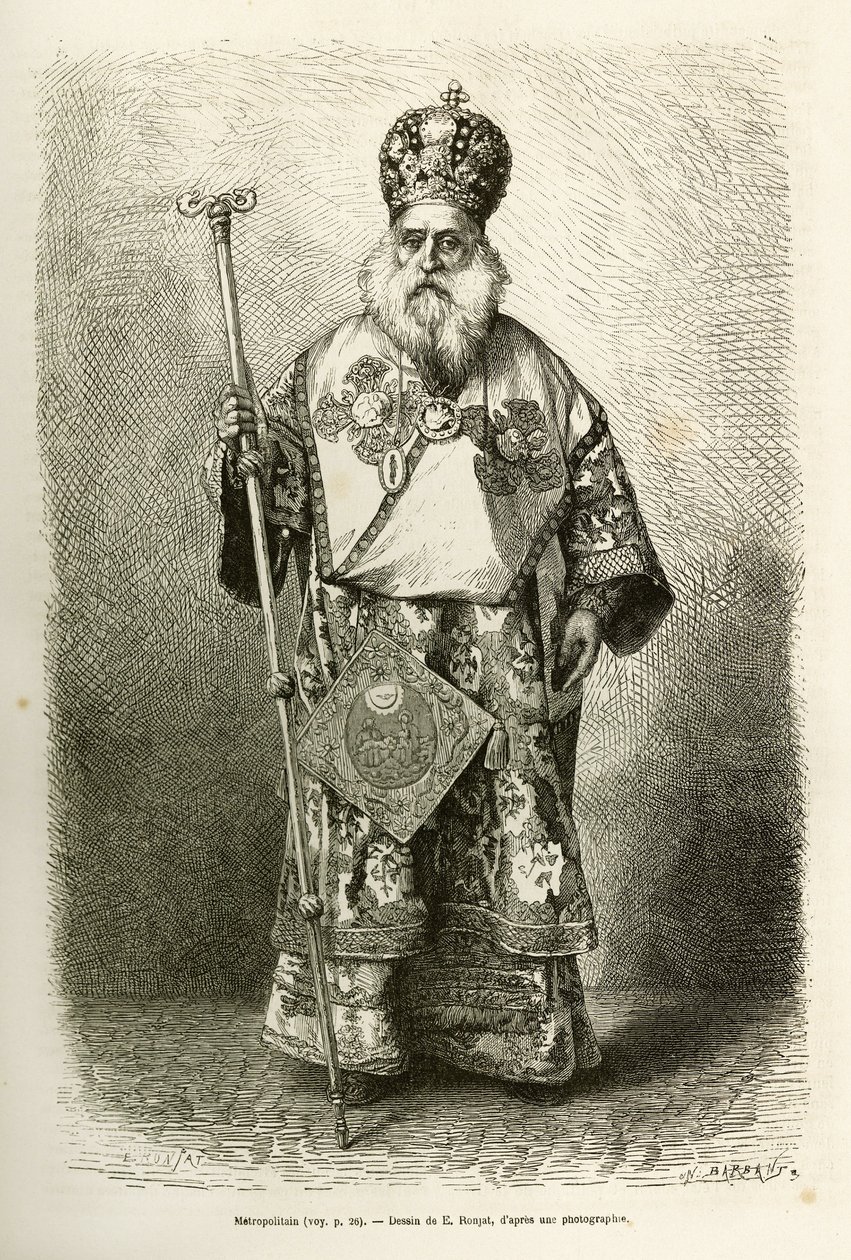 Metropolitan eveque av den nye katedralen i Athen. Gravering etter tegningen av E.Ronjat, for å illustrere reisen til Hellas, av Henri Belle, i 1861-1868-1874, publisert i "" Le tour du monde""" 1876, redigert av Edouard Charton, Hachette-utgaven, av Etienne Antoine Eugene Ronjat