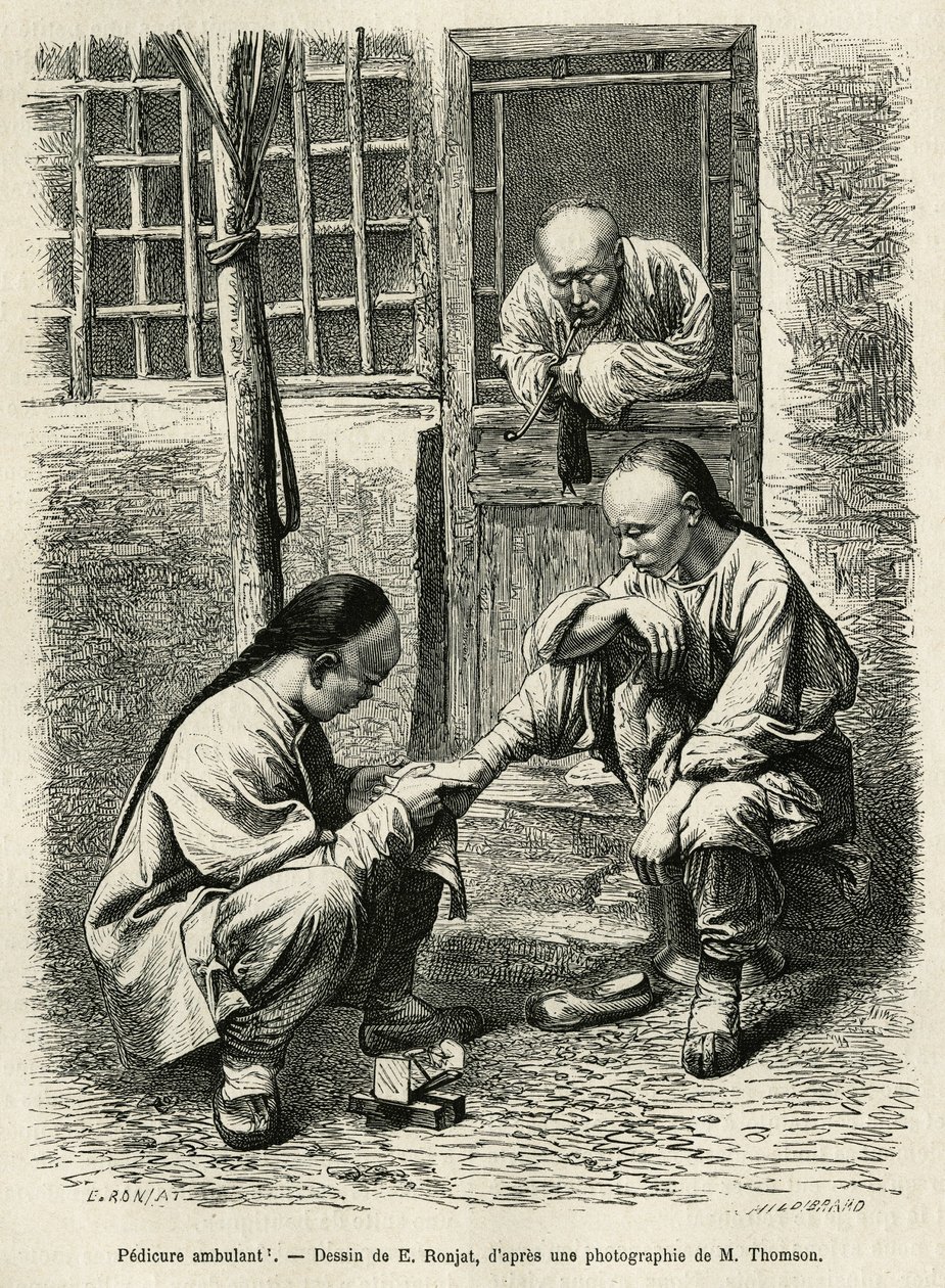 Vandrende pedikyr, en vanlig scene i hverdagen i kinesiske byer. Gravering etter tegningen av E. Ronjat, for å illustrere reisen til Pekin og Nord-Kina, av T.Choutze, i 1873, publisert i "" Le tour du monde""" 1876, redigert av Edo av Etienne Antoine Eugene Ronjat