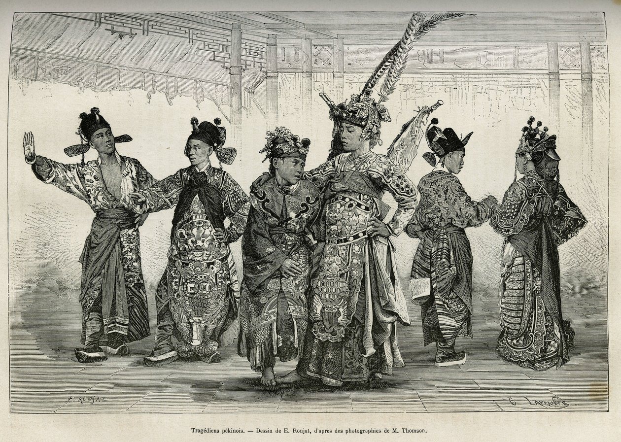 Tragedians of a Pekinese theatre, spesialiserer seg på historiske og mytologiske dramaer. Gravering etter tegningen av E.Ronjat, for å illustrere reisen til Pekin og Nord-Kina, av T.Choutze, i 1873, publisert i "" Le tour du monde""&quo av Etienne Antoine Eugene Ronjat