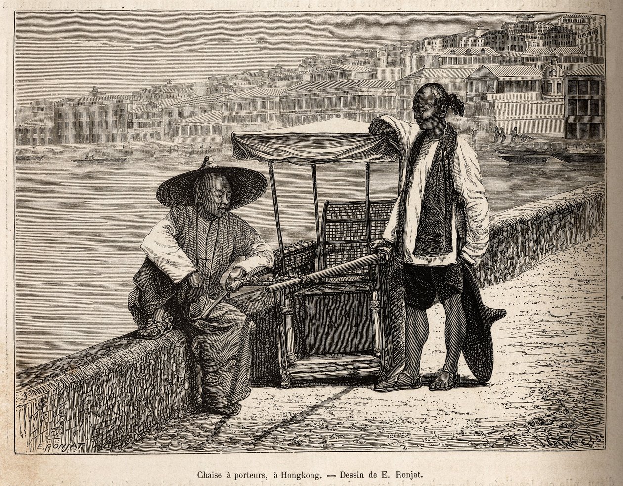 To bærere i ro ved siden av rullestolen i Hong Kong, gravert etter en tegning av E. Ronjat som illustrerer reisen til Kina, av J. Thompson, i 1870-1872, publisert i "" Le tour du monde""" 1875, redigert av Edouard Charton, Hachette-utgaven, Paris. S av Etienne Antoine Eugene Ronjat