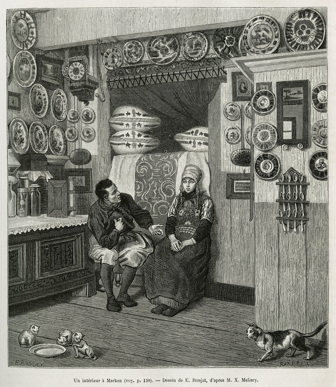 Un interieur à Marken (Pays Bas), gravering etter en tegning av E. Ronjat, for å illustrere historien om Neerlande, av Charles de Coster, i 1878, utgitt i tour du monde, under ledelse av Edouard Charton av Etienne Antoine Eugene Ronjat