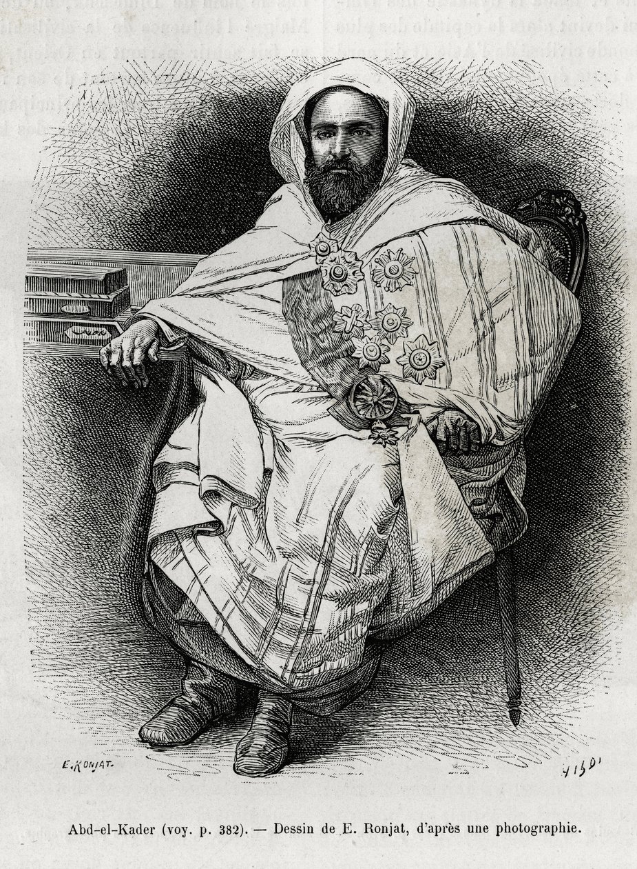 portrett av Abd El Kader (1808-1883) algerisk emir og sultan, sufiteolog, politiker og militær motstand mot den franske kolonihæren, også forfatter, poet og filosof. Gravering av E.Ronjat, for å illustrere historien La Syria d
