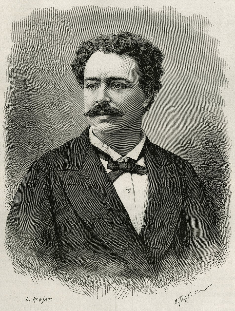portrett av forfatteren og reisende Edmondo de Amicis (1846-1908), italiensk forfatter, gravering av E.Ronjat, for å illustrere historien om Marokko av Edmondo de Amicis, i 1875, utgitt i tour du monde, under ledelse av Edouard Charton av Etienne Antoine Eugene Ronjat