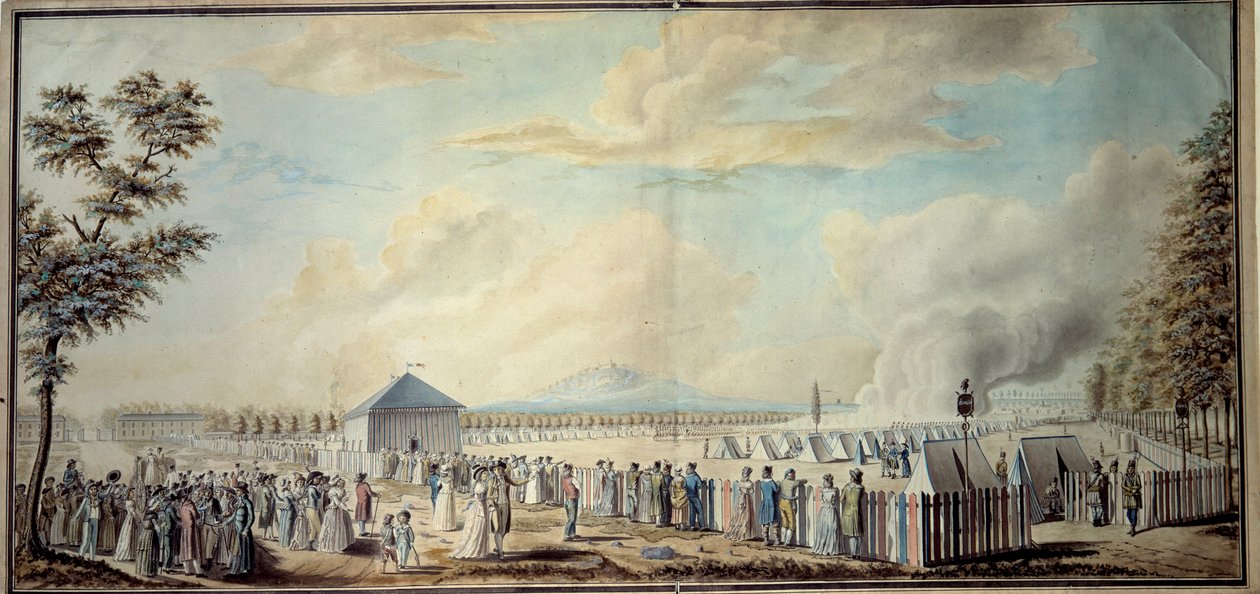Fransk revolusjon: ""Militærleir ved School of Mars for fremtidens ledere av den republikanske hæren"" Akvarell av Etienne Bericourt (1700-tallet) 1794 Paris, B.N. av Etienne Bericourt