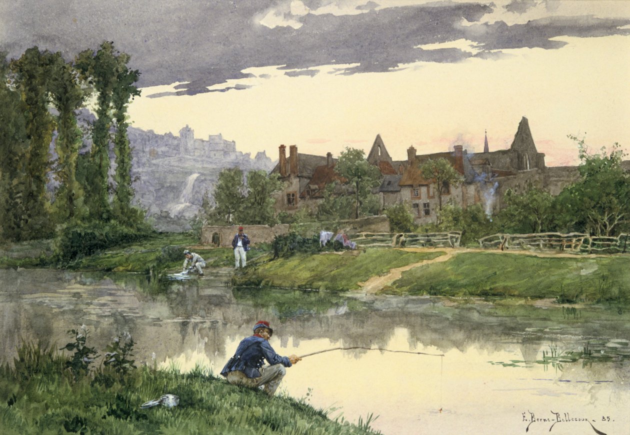 Soldater ved Edge of the River, 1800-tallet tidlig på 1900-tallet av Etienne Berne Bellecour