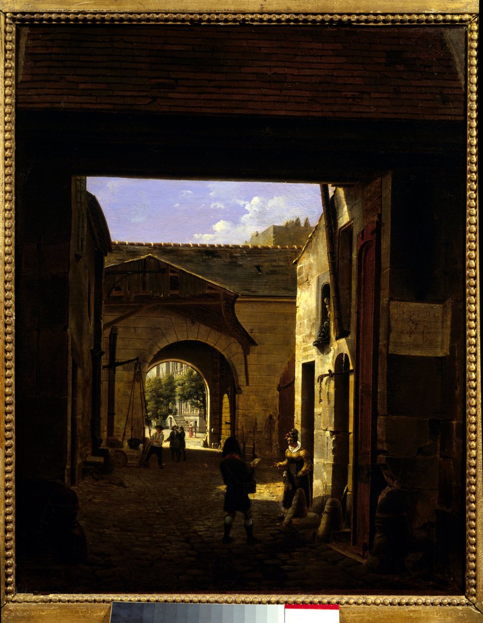 Gårdsplassen til et kjørehus i rue Saint Denis kjent som gårdsplassen Sainte Catherine Scene i 1. arrondissement i Paris. Maleri av Etienne Bouhot (1780-1862) 1832 Søn. 0,27x0,22 m Paris, Musee Carnavalet. av Etienne Bouhot
