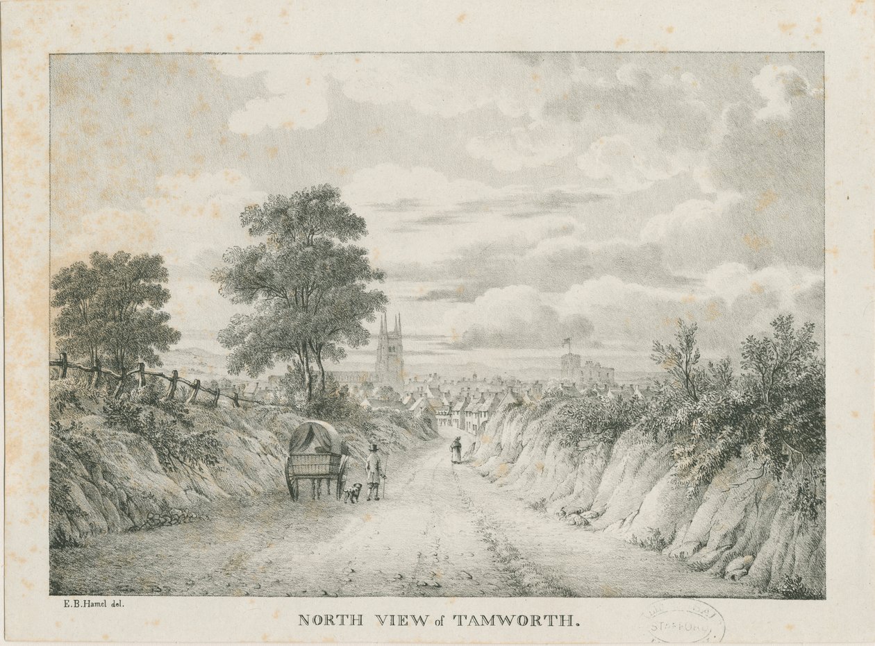 Tamworth - Fjernsyn fra nord: litografi, nd [1796-1865] av Etienne Bruno Hamel