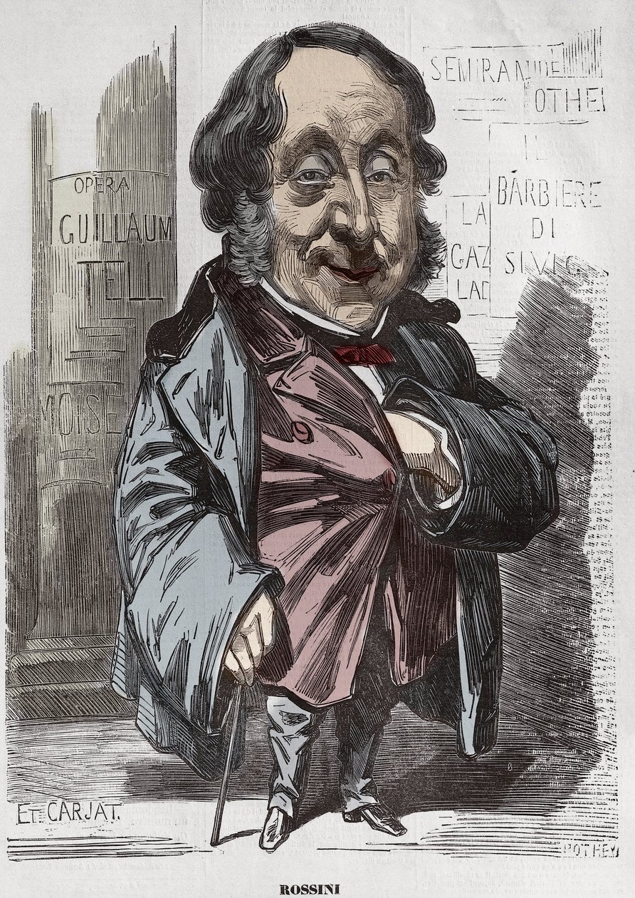 Portrait of Gioachino (Gioacchino) Rossini (1792-1868), Caricature by Etienne Carjat - Etienne Carjat (1928-1906), portrait-charge by Rossini for Diogene, after Nadar, 21 December 1856 digital colorisation av Etienne Carjat