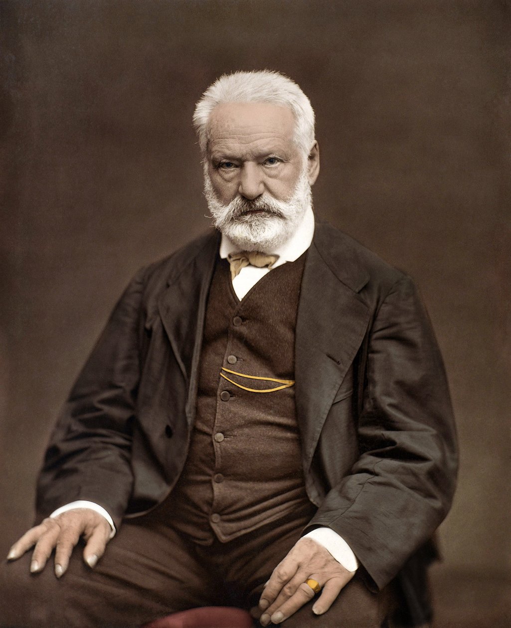 Portrett av Victor Hugo (1802-1885), fransk forfatter og poet, Fargelegging på et fotografi av Etienne Carjat (1828-1906) - Victor Hugo (1802-1885). Engelsk forfatter og poet. ca. 1870. Farget fotografi. av Etienne Carjat