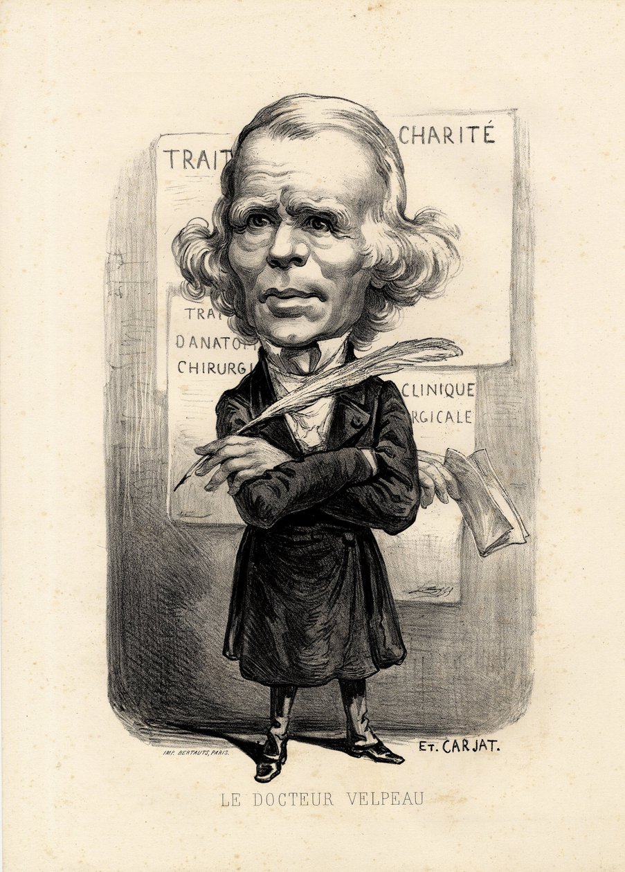 feuille volante - Illustrasjon av Etienne Carjat (1826-1906): Medisinsk, medisin, sante, Charite, Anatomy, Poster Display - Surgeon, Velpeau Alfred (1795-1867) av Etienne Carjat