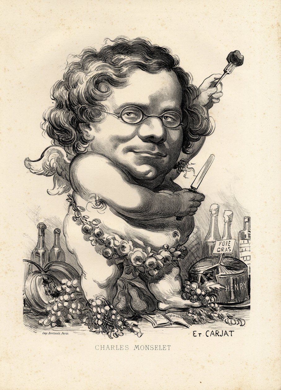 flygende blad - Illustrasjon av Etienne Carjat (1826-1906): Obeite, Foie gras - Monselet Charles (1825-1888) av Etienne Carjat