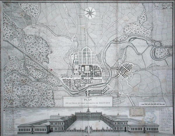 Kart over byen Rastadt, dens omgivelser og Schloss (gravering) av Etienne Claude Voysard