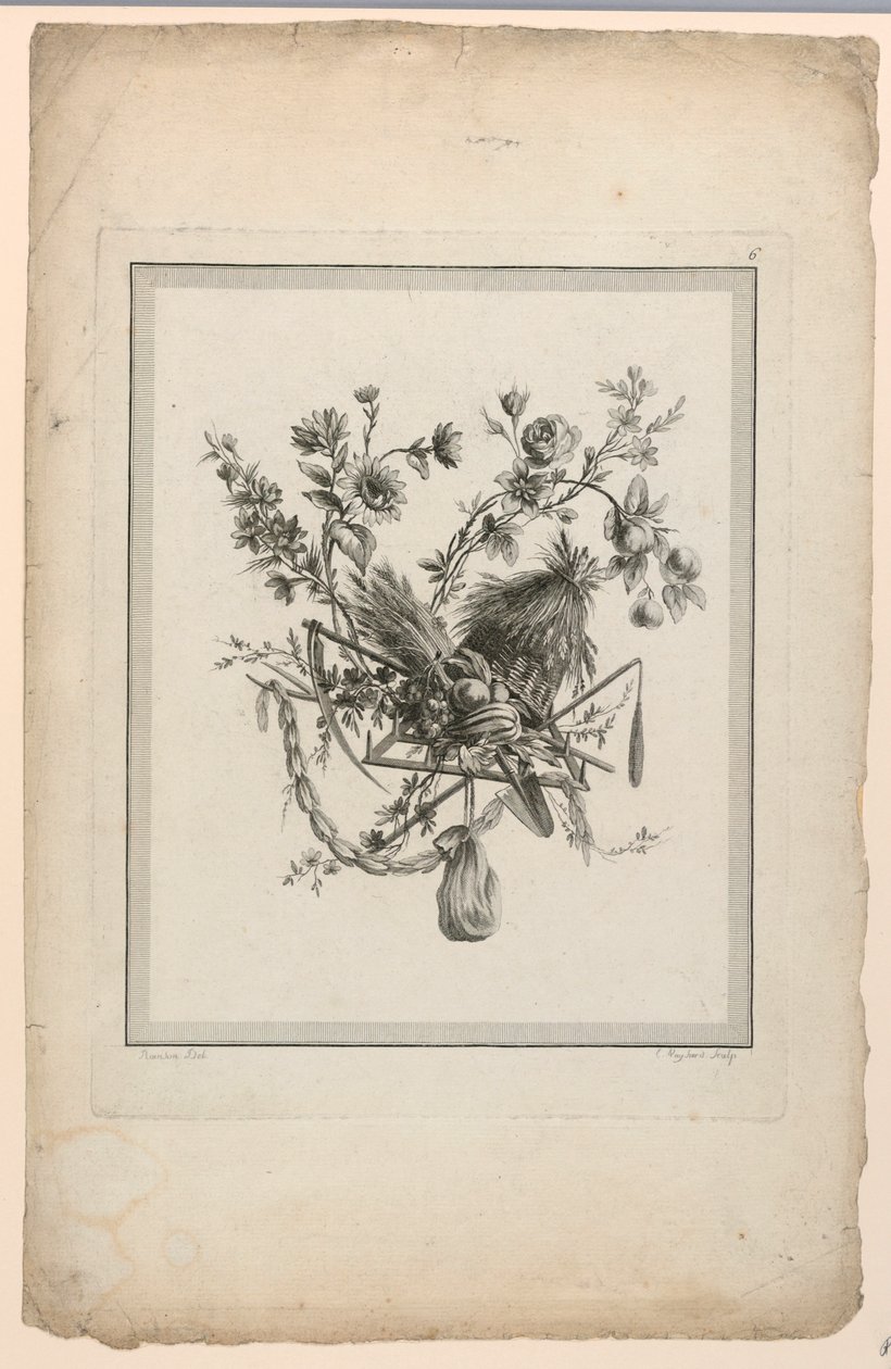 Trofé med høsteredskaper, plate 6 fra "Suite of Different Attributes, Trophies and Flower Groups," Suite II av Etienne Claude Voysard