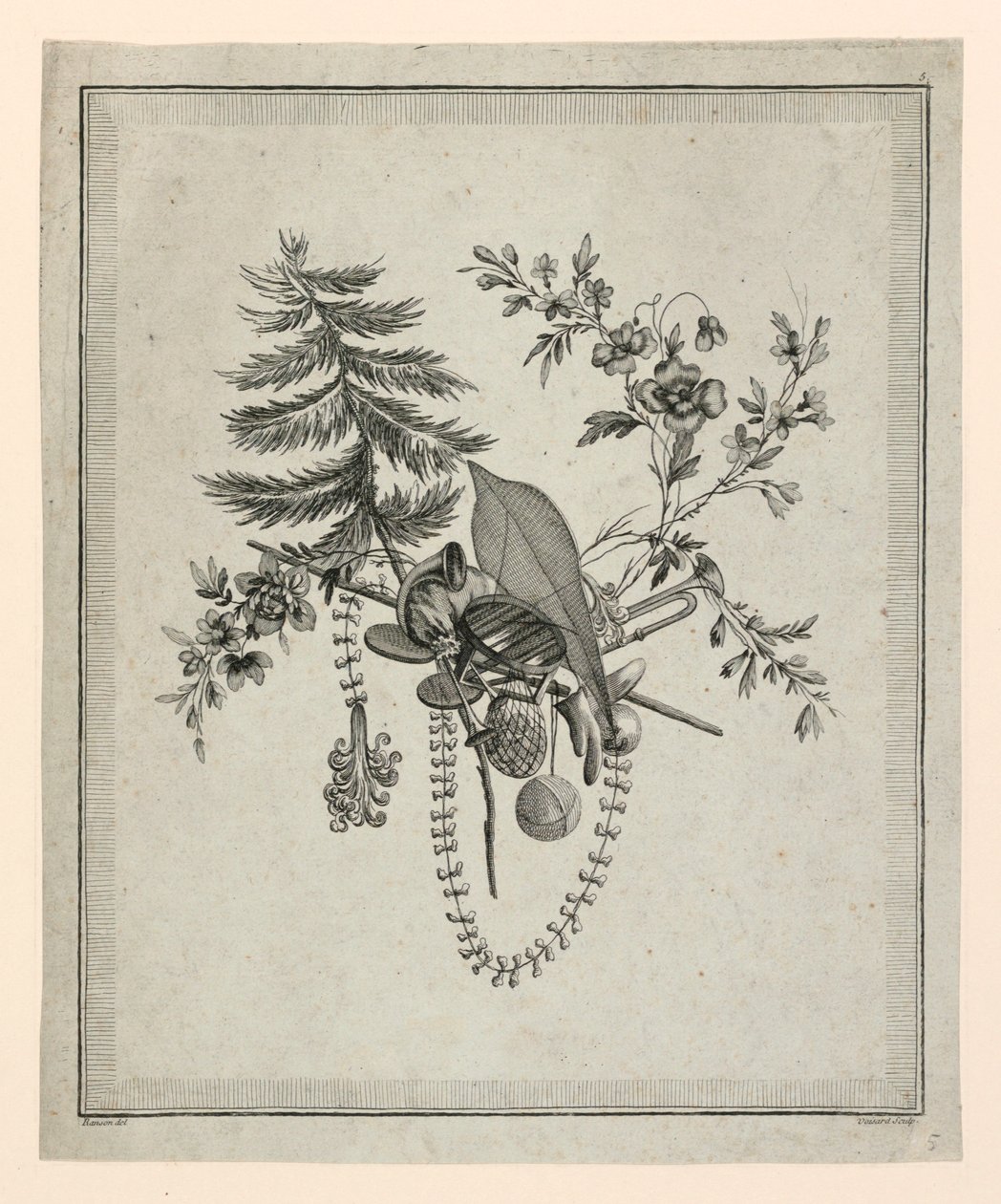 Trofé med redskaper for utendørssport, plate 5 fra "Cahier d'Attributes et Trophées de l'Oeuvre de Ranson," Suite XXI av Etienne Claude Voysard